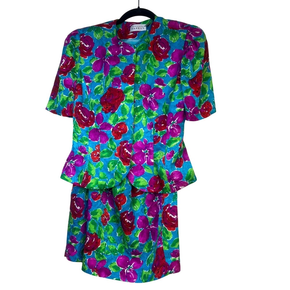 Vintage 90s Silk Andrianna Papell Skirt Suit Women‎ Floral 2pc Jacquard Size 10